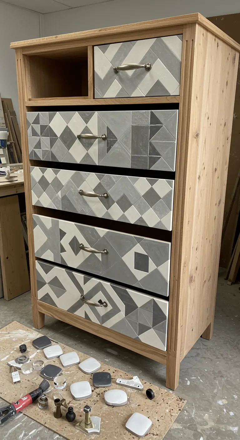 Cómoda de madera clara con los frentes de los cajones cubiertos por azulejos con patrones geométricos en gris y blanco.