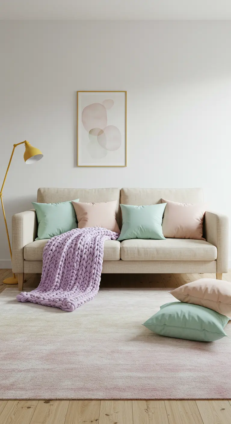 Sofá beige con cojines en menta y rosa, y una gran manta de punto grueso color lila.