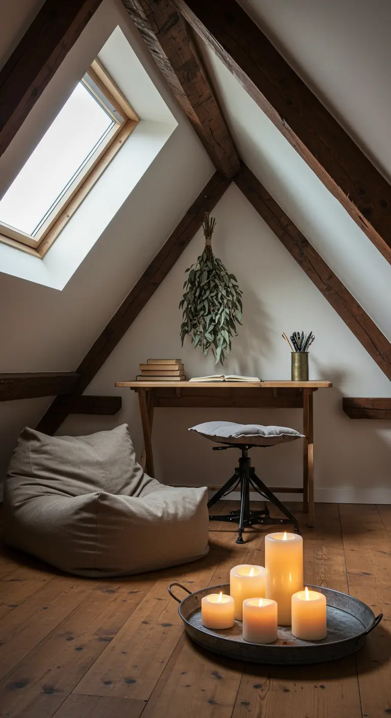 Rincón de escritura en un ático con vigas de madera, un puf y una bandeja con velas.