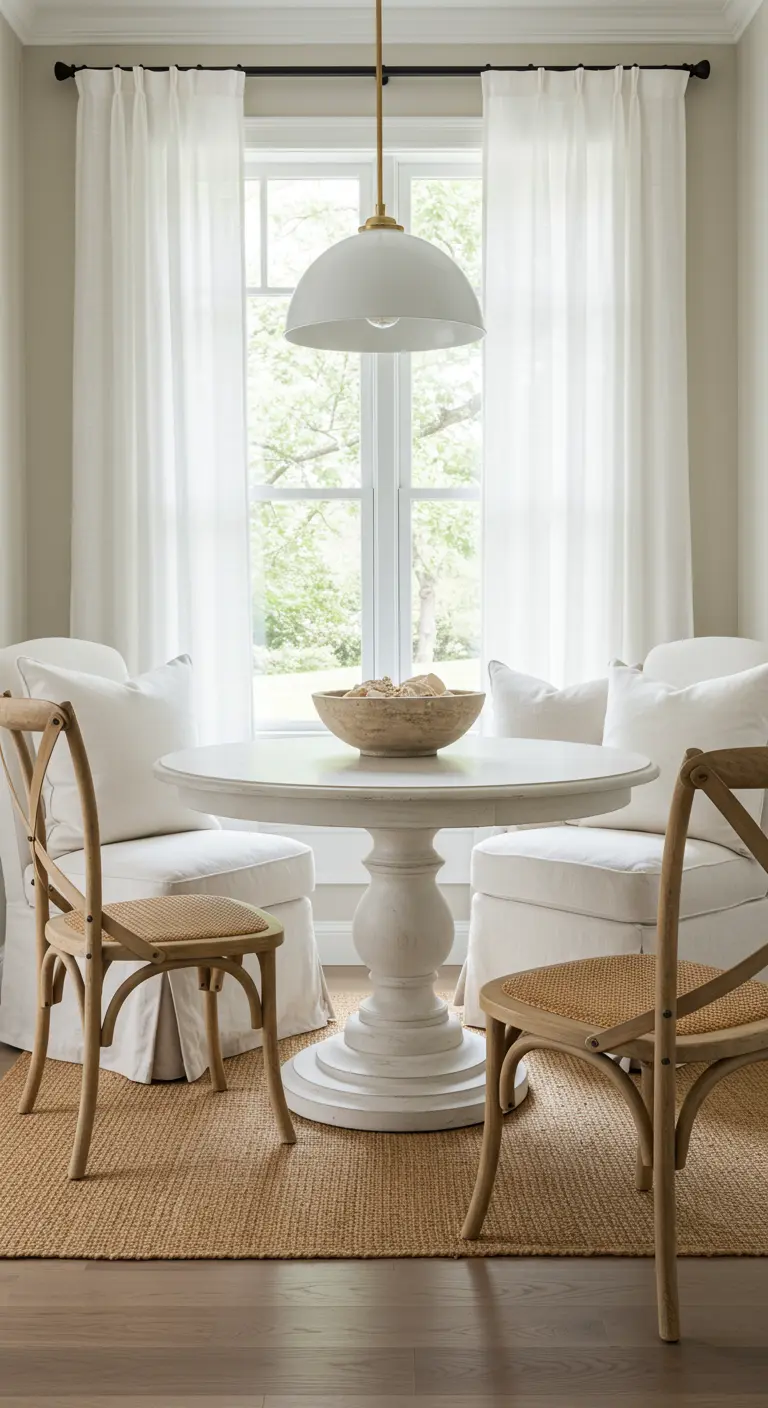 Comedor acogedor con sillas de lino blanco y sillas de madera con asiento de rejilla.