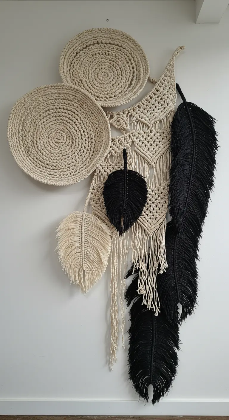 Composición de pared con piezas de macramé y cestería en blanco y negro