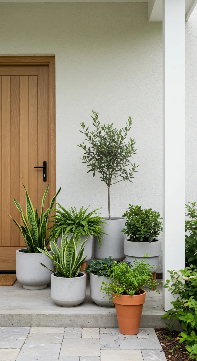 Grupo de macetas de cemento y terracota con diferentes plantas verdes junto a una puerta de madera.