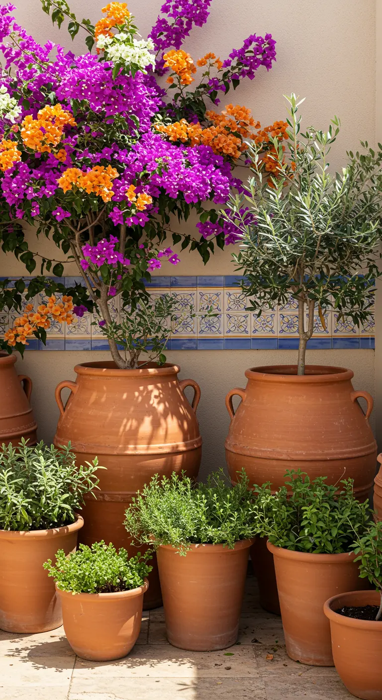 Grupo de macetas de terracota con buganvillas, un olivo y hierbas, contra una pared con una cenefa de azulejos.