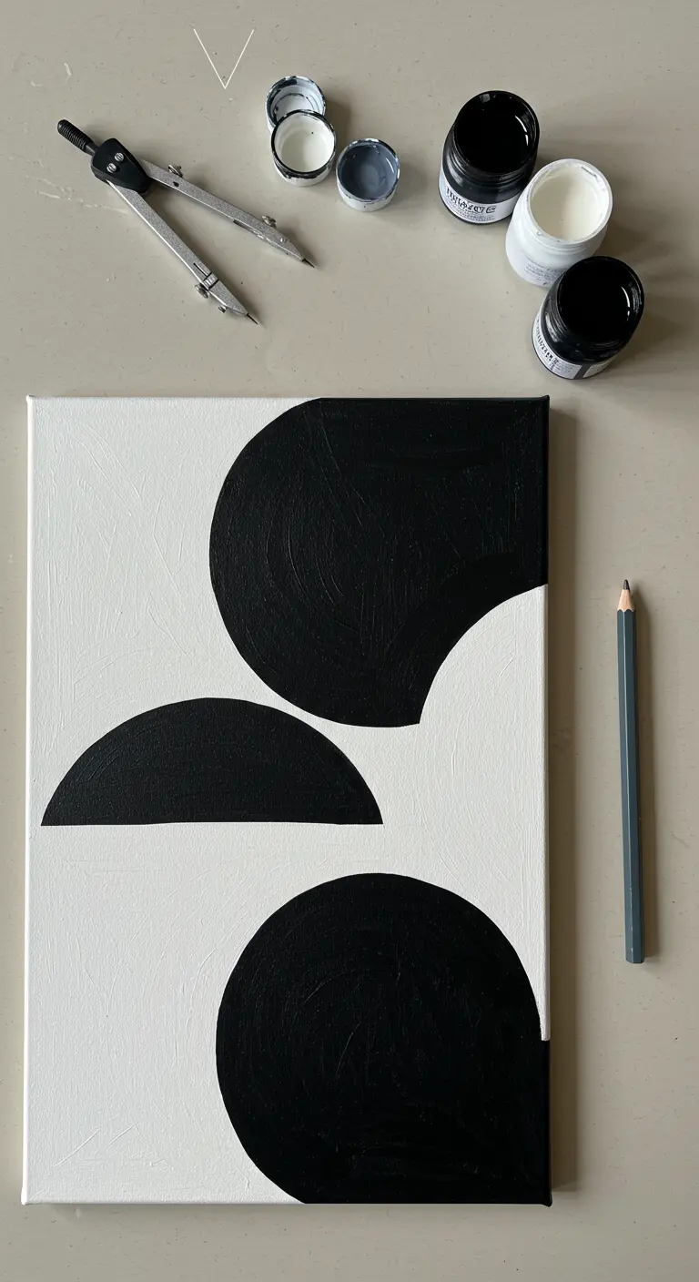 Lienzo con formas geométricas negras (semicírculos) sobre fondo blanco, con un compás y lápiz cerca