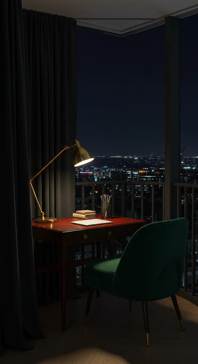 Escritorio elegante en un balcón de noche, con silla de terciopelo y lámpara de latón