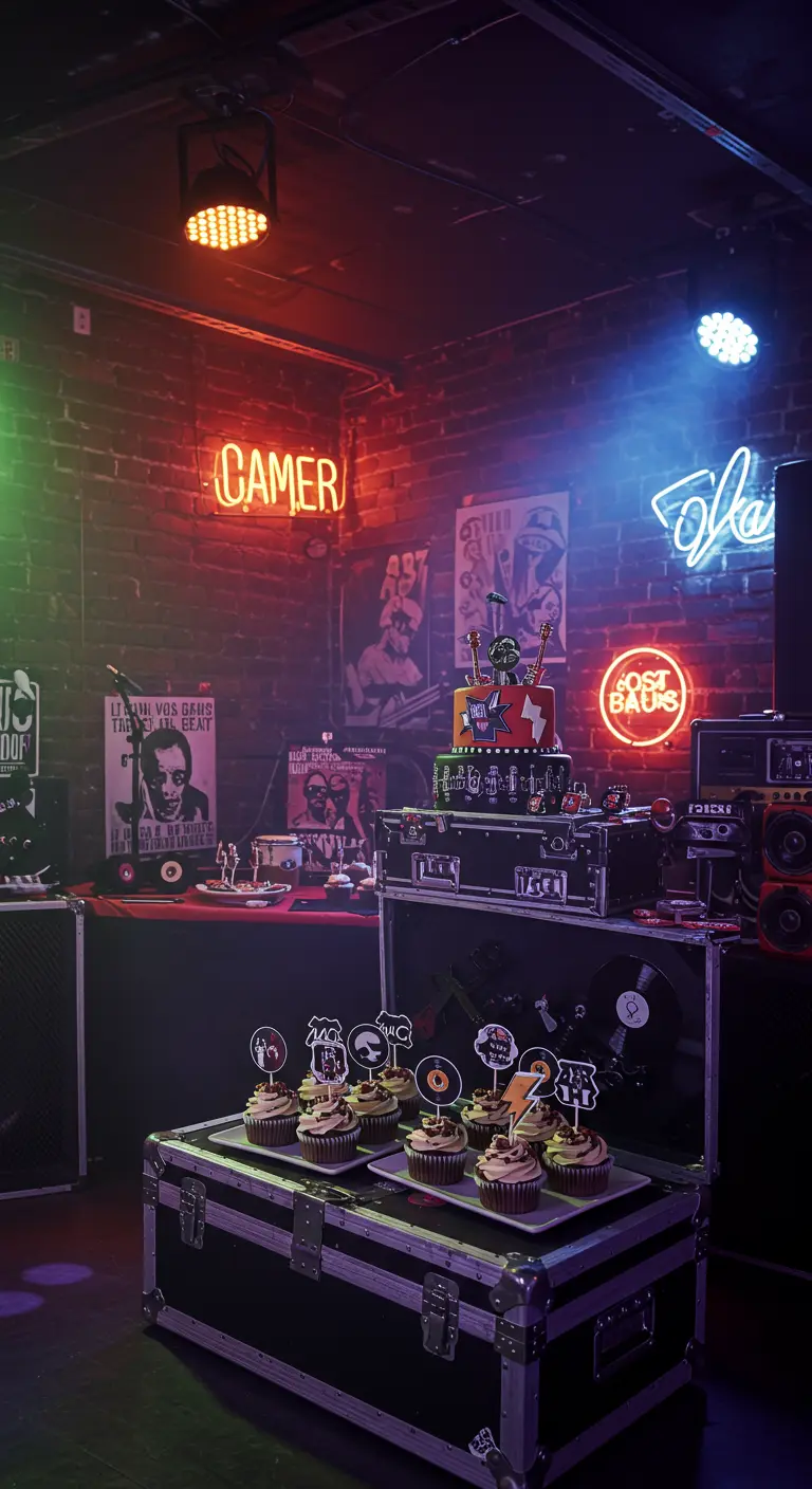 Fiesta temática de rock con cupcakes sobre cajas de instrumentos y luces de neón.