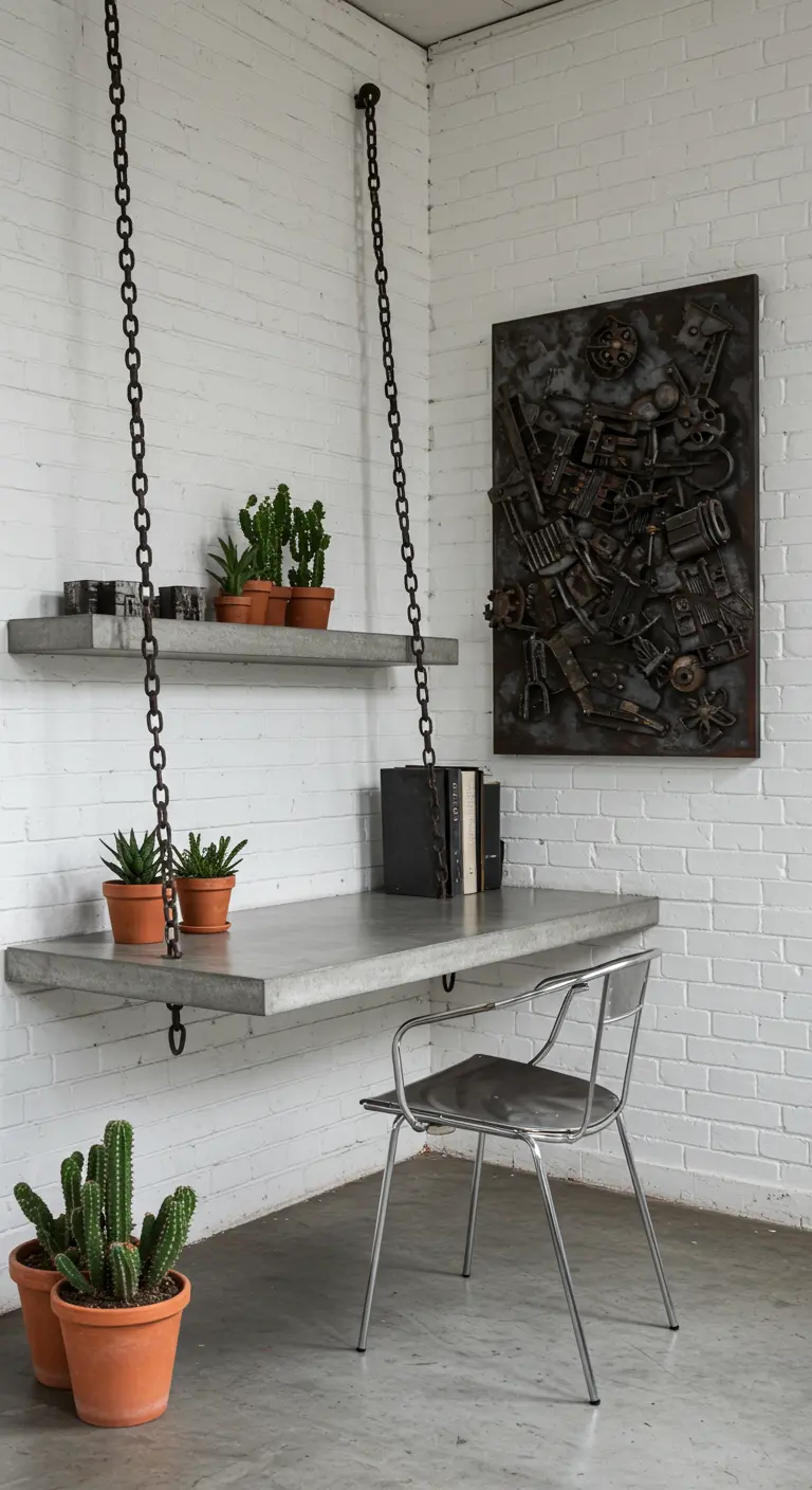 Escritorio y estante de hormigón suspendidos del techo con cadenas gruesas en una habitación de ladrillo blanco.