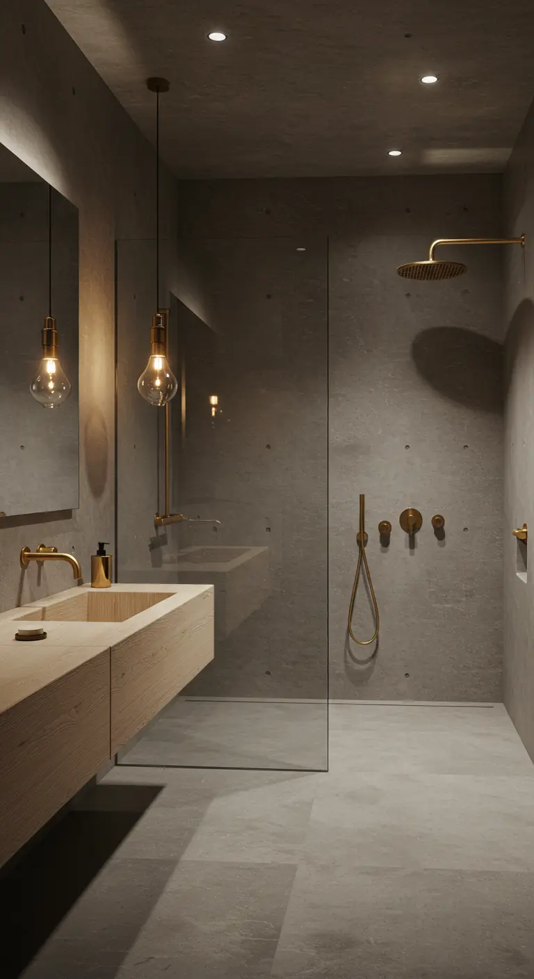 Baño de estilo industrial con paredes de microcemento, lavabo de madera y grifería dorada.