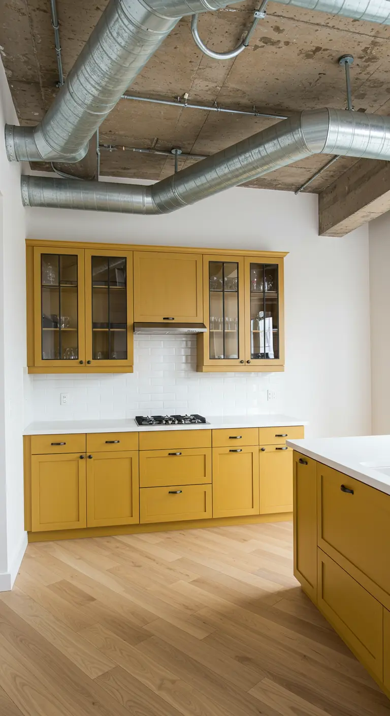 Cocina mostaza con conductos de ventilación de metal expuestos en un techo de hormigón.