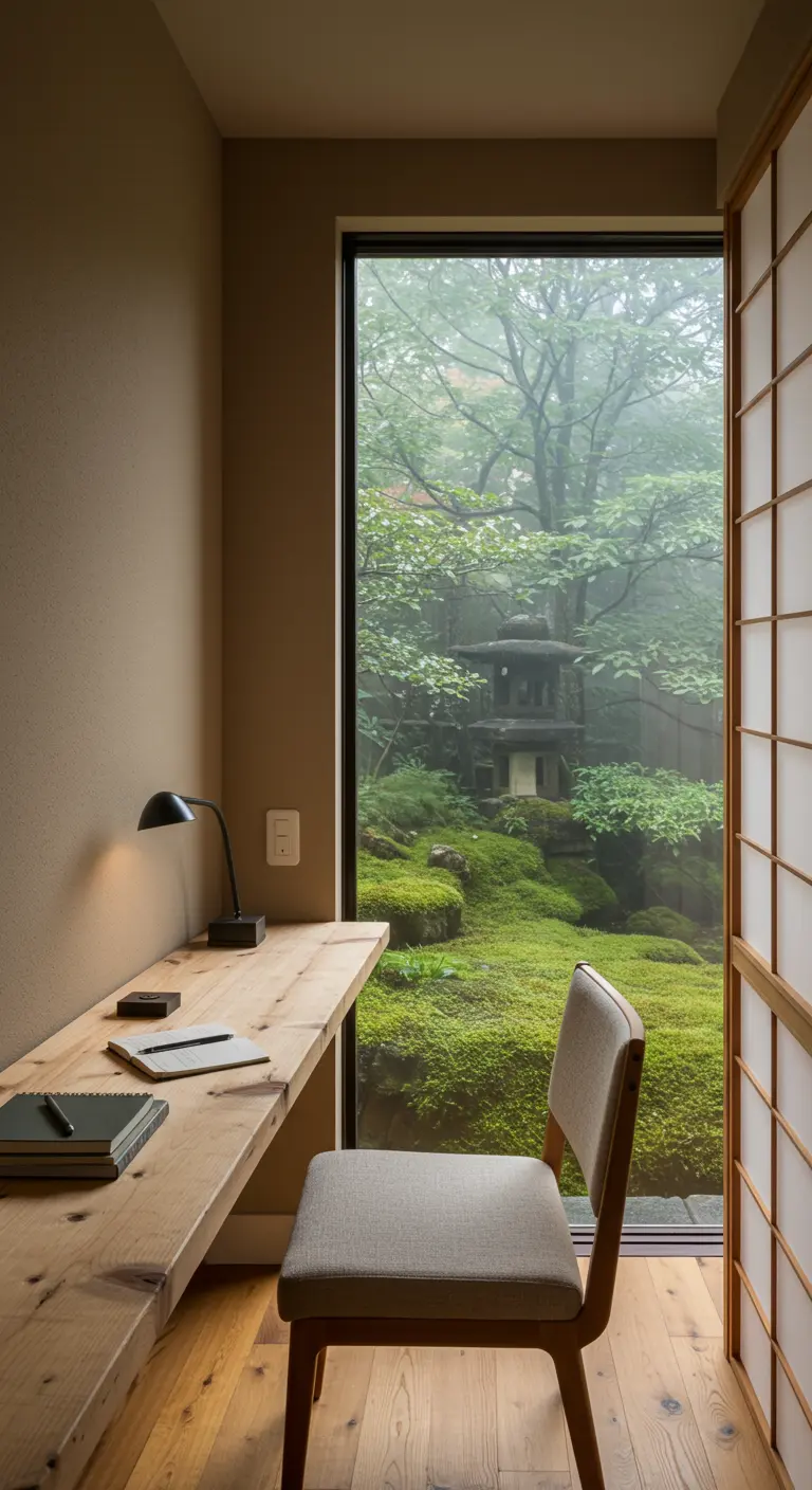Escritorio de madera flotante frente a una ventana con vistas a un jardín japonés