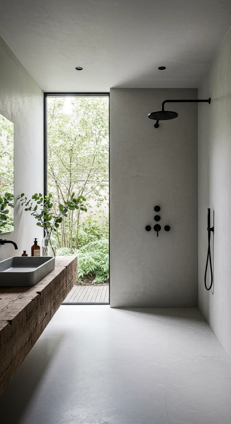 Baño minimalista con paredes de microcemento, encimera de madera rústica y un gran ventanal.