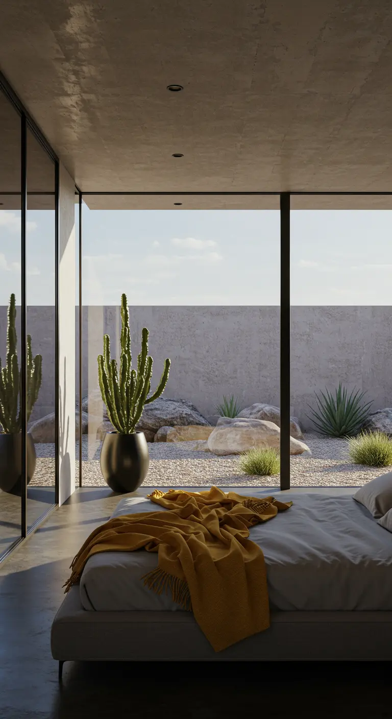 Dormitorio minimalista con paredes de hormigón y ventanales que dan a un jardín de cactus