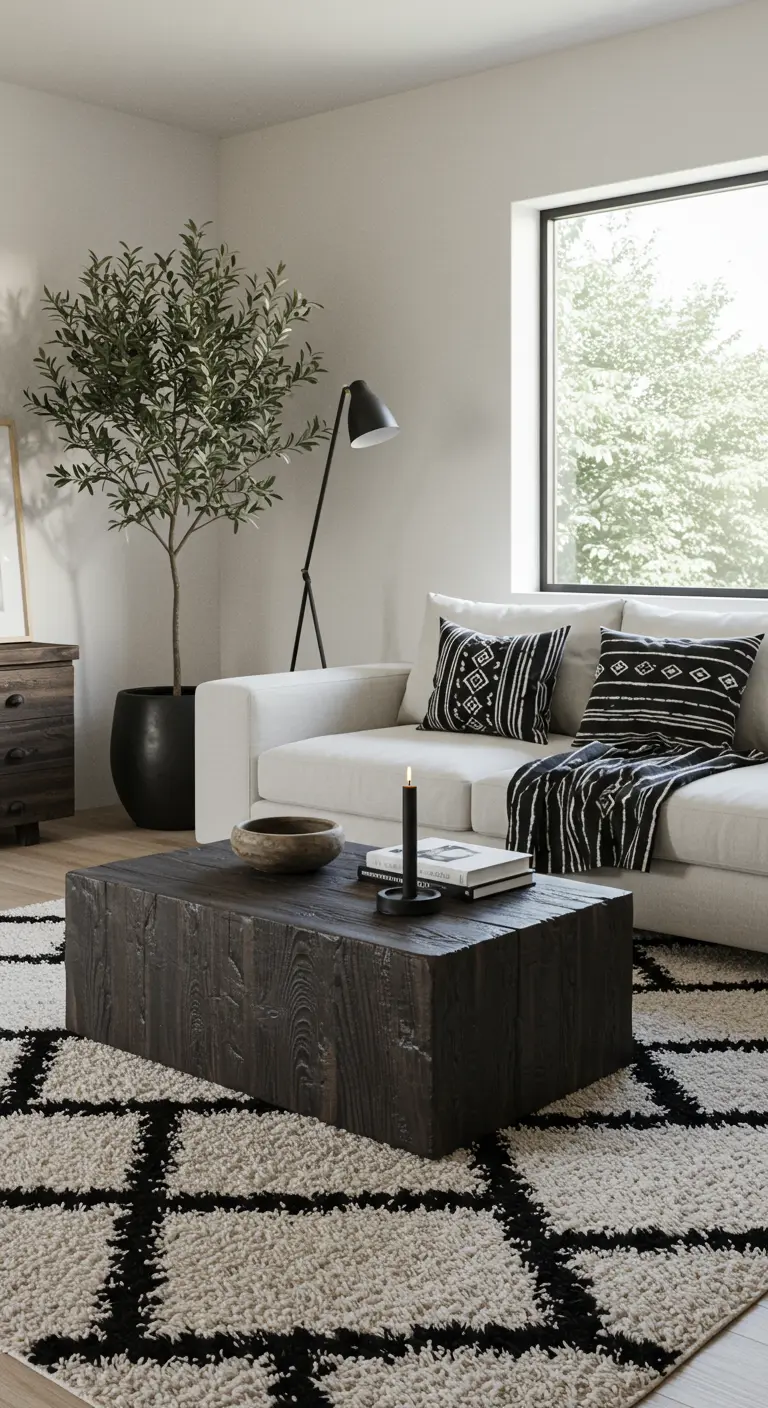 Sala con sofá blanco, mesa de centro de madera oscura y alfombra de lana con patrón de rombos.
