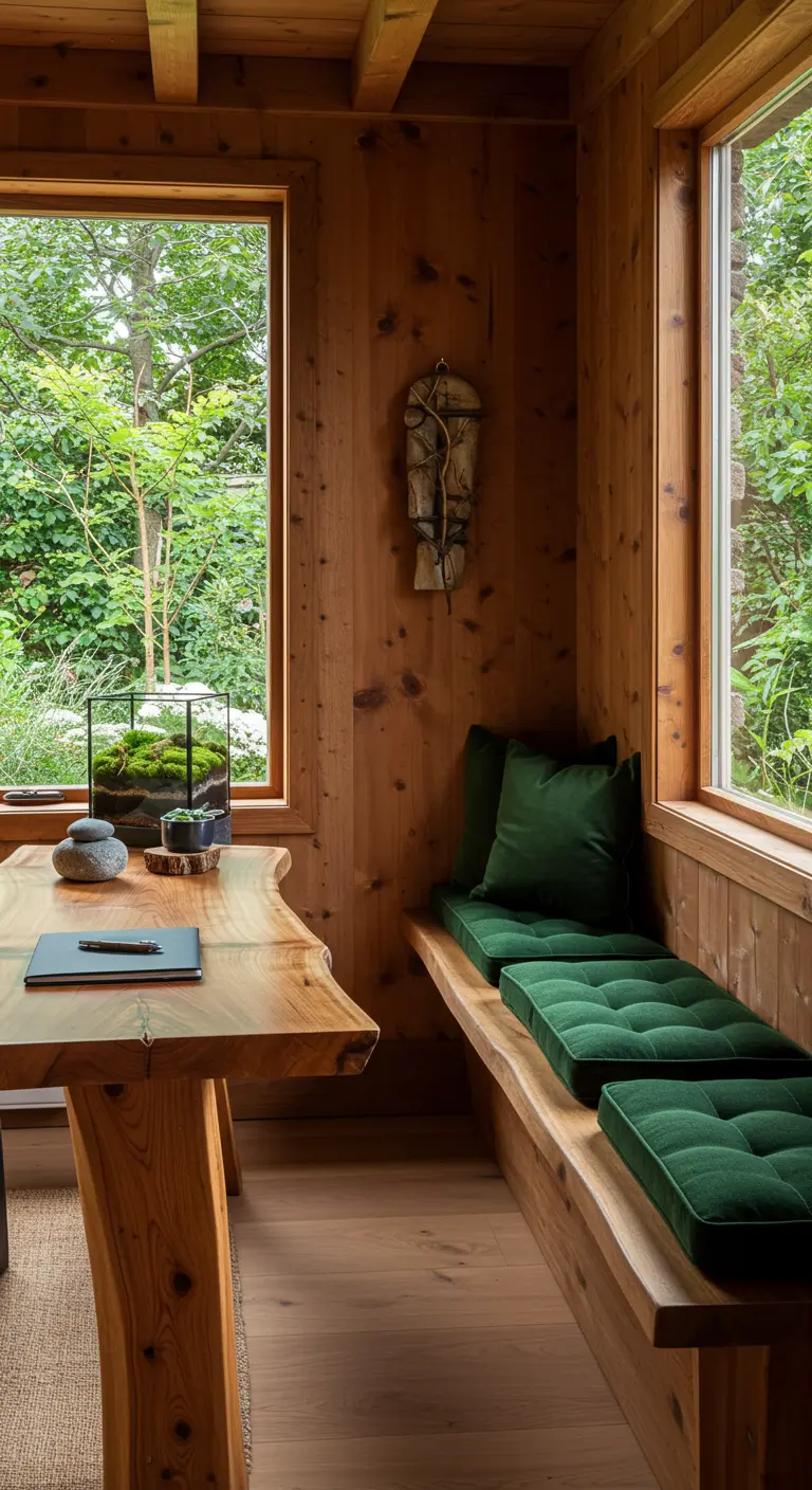 Oficina en cabaña de madera con escritorio de borde natural y banco con cojines verdes.