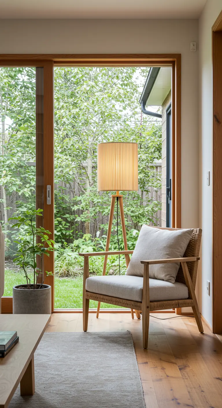 Rincón de lectura tranquilo junto a una puerta de cristal con vistas a un jardín verde y frondoso.