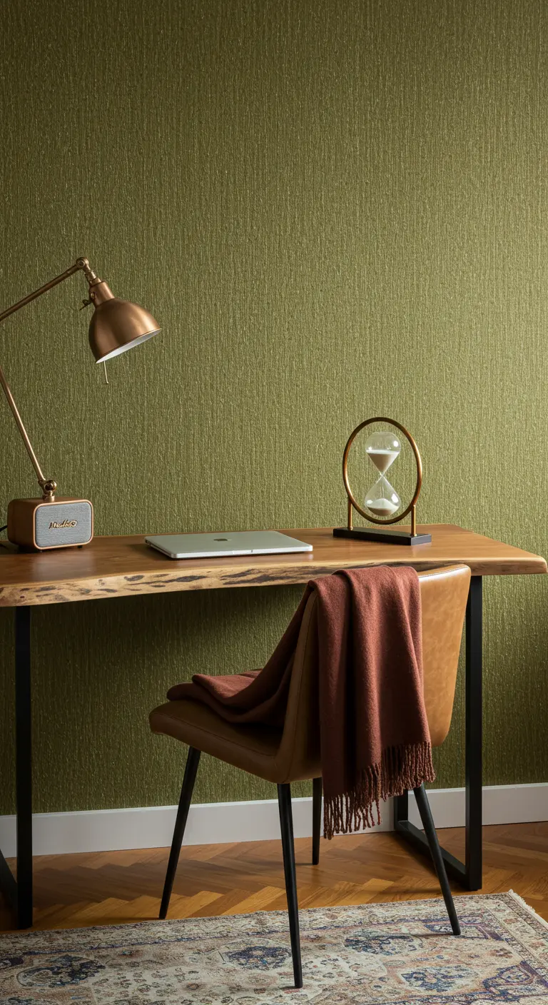 Escritorio de madera con borde natural frente a una pared texturizada verde oliva, con un reloj de arena.