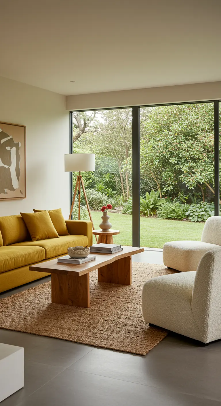 Sofá mostaza en una sala con gran ventanal al jardín, alfombra de yute y sillones blancos.