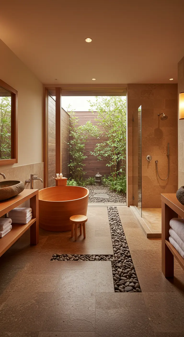 Baño de estilo zen con bañera de madera, suelo de piedra y vista a un pequeño jardín interior.