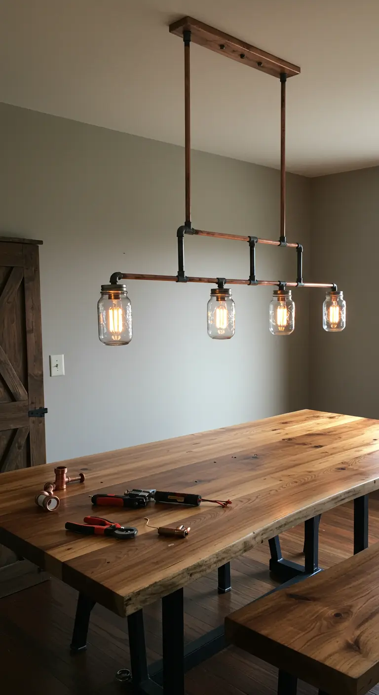 Lámpara de techo hecha con tuberías de cobre y cuatro frascos de vidrio sobre una mesa de madera.
