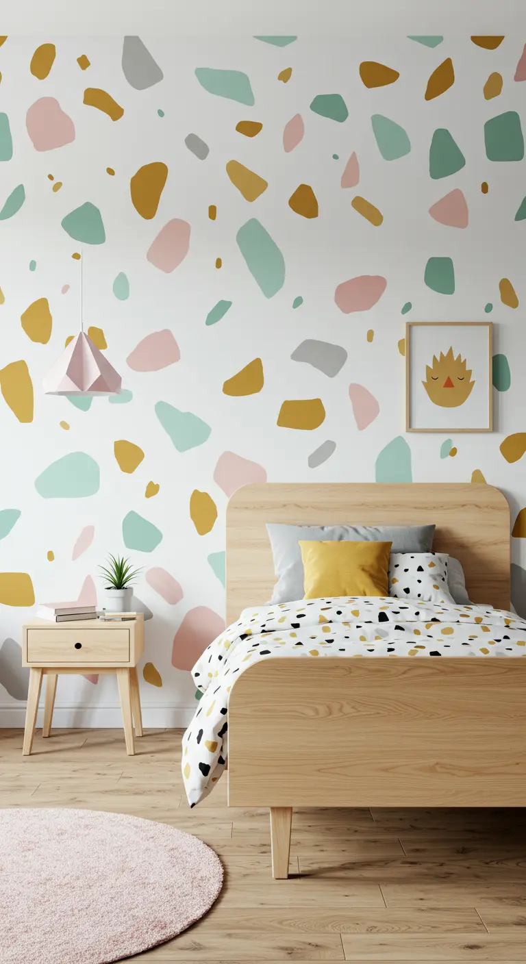 Pared blanca con un patrón de pegatinas de colores estilo terrazo en un dormitorio infantil.