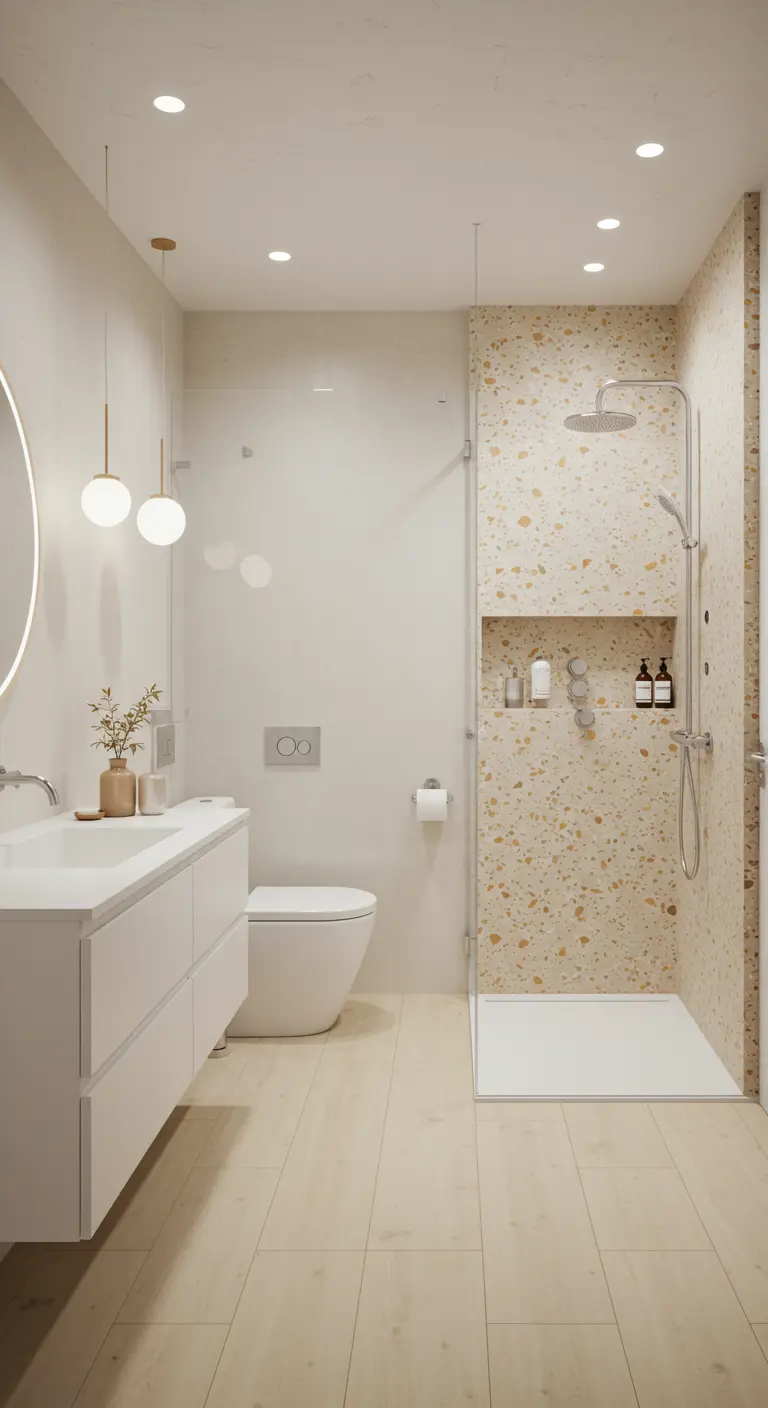 Baño moderno con pared de ducha de terrazzo y mueble de lavabo blanco