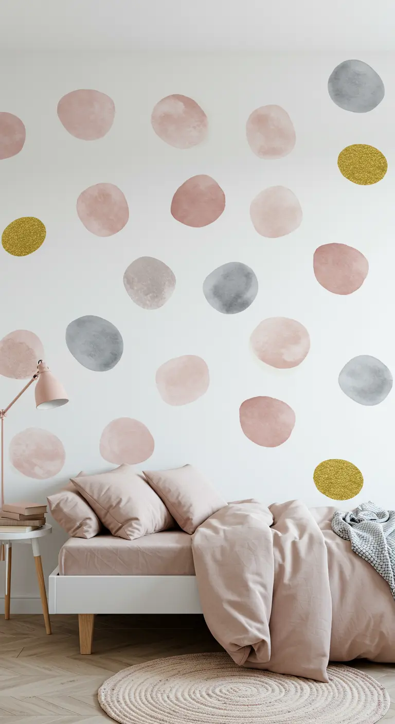 Pared de dormitorio decorada con vinilos de puntos en tonos rosa, gris y dorado brillante.