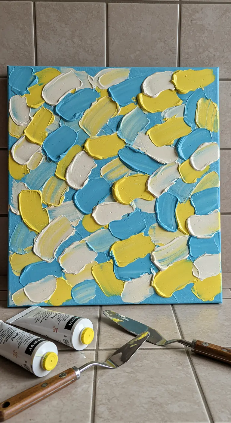Cuadro abstracto con pinceladas cortas en azul, amarillo y blanco.