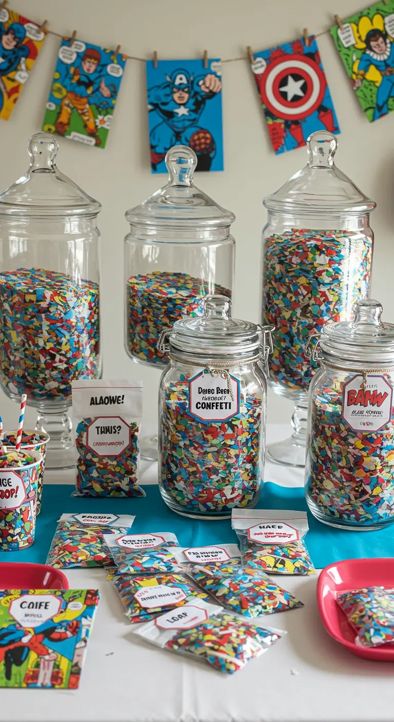 Frascos de vidrio llenos de confeti hecho con páginas de cómics en una mesa de dulces.
