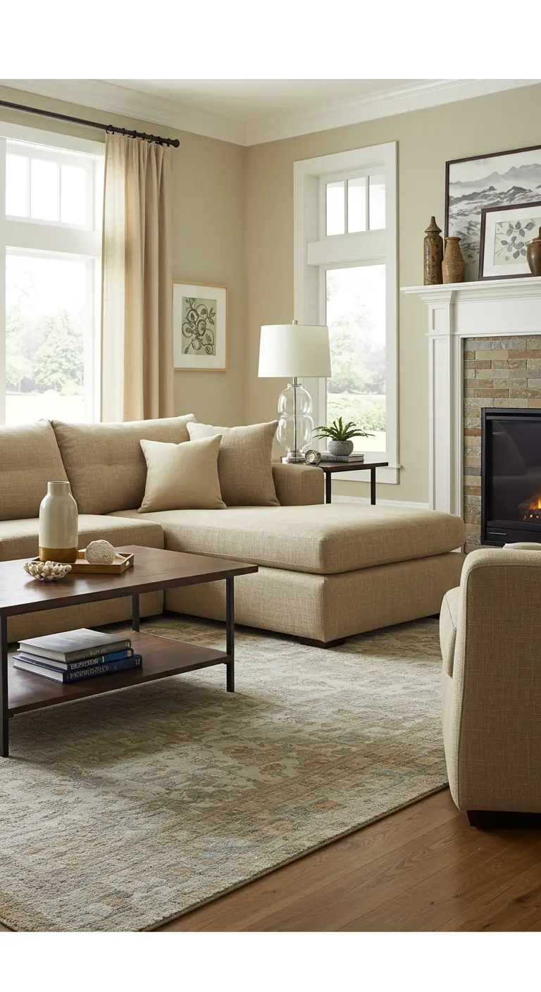 Sofá modular seccional de color beige en una sala de estar tradicional con chimenea de piedra.