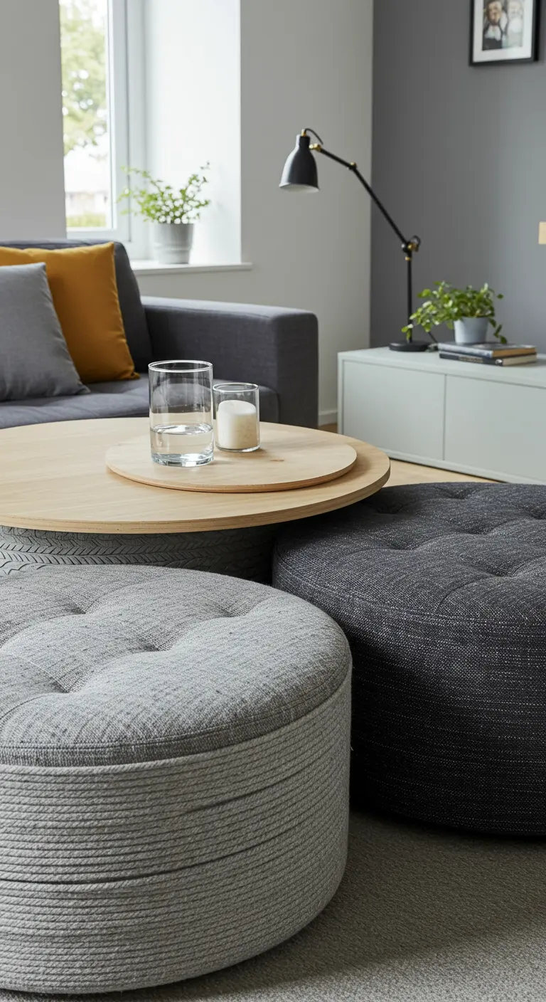Varios pufs hechos con neumáticos en un salón moderno, uno forrado de cuerda y otro tapizado en tela gris.