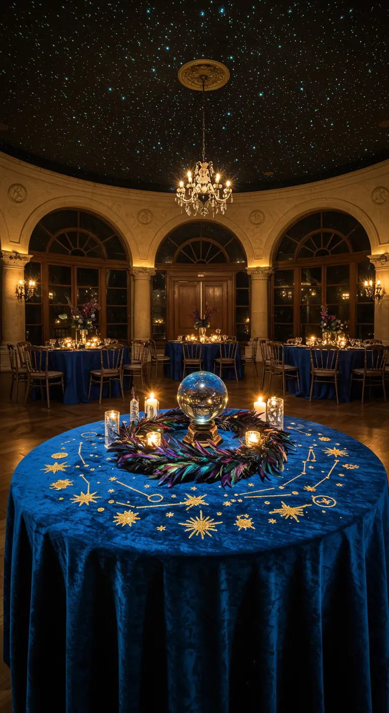 Mesa redonda con una bola de cristal, una corona de plumas oscuras y un mantel de terciopelo azul con estrellas.