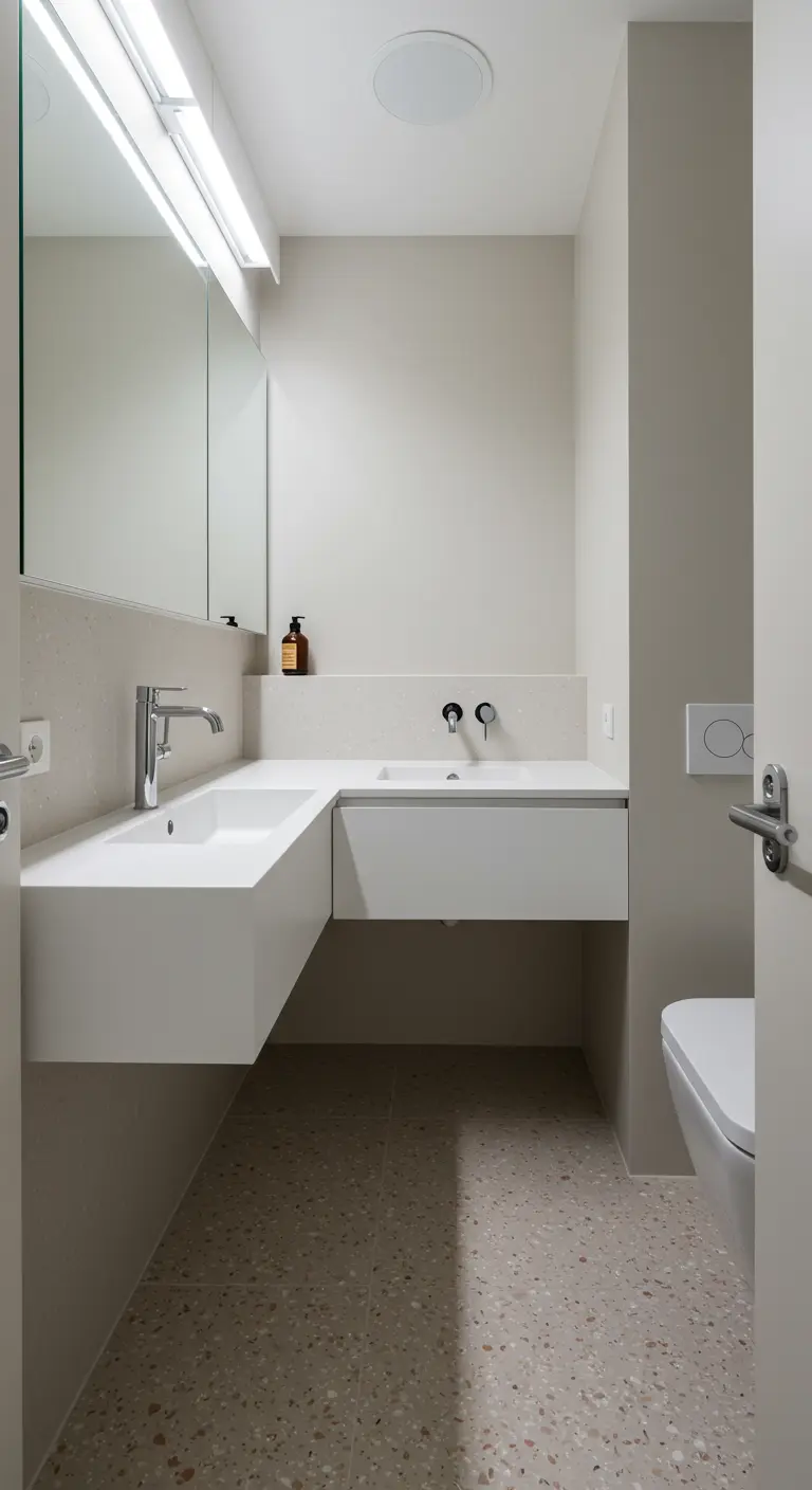 Baño estrecho con una encimera flotante blanca en forma de L que maximiza el espacio.