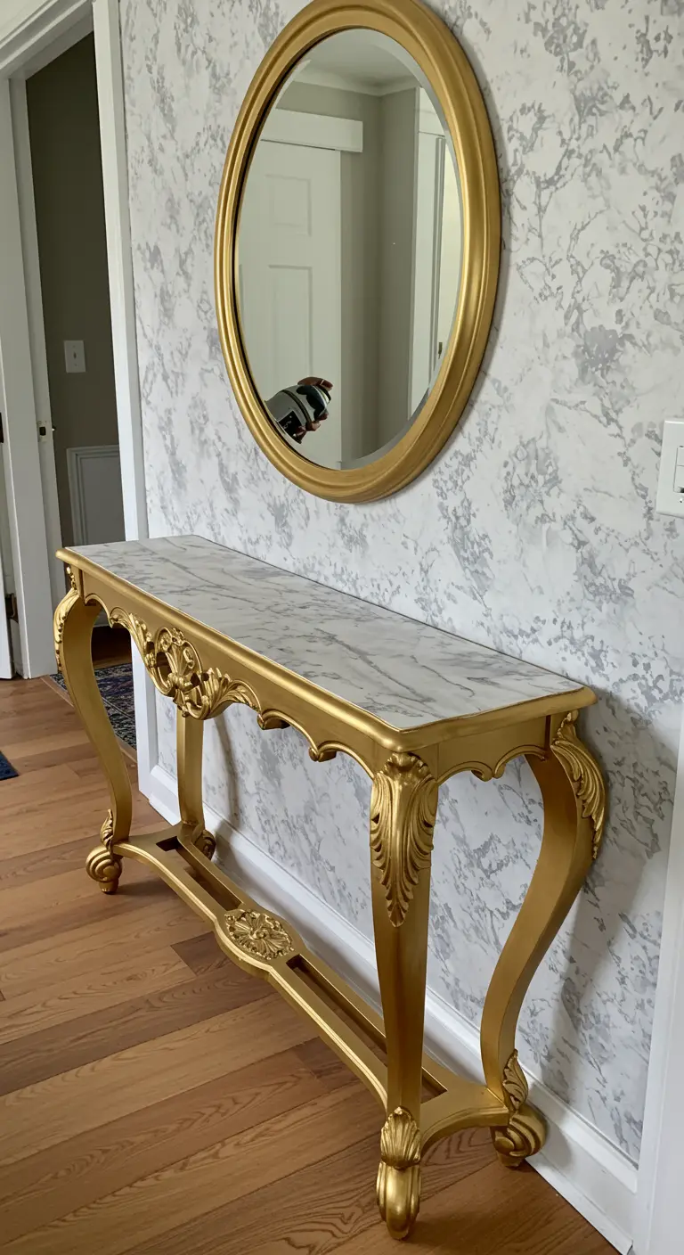 Consola de estilo barroco pintada de dorado brillante con la superficie superior forrada con papel vinílico de imitación de mármol blanco.
