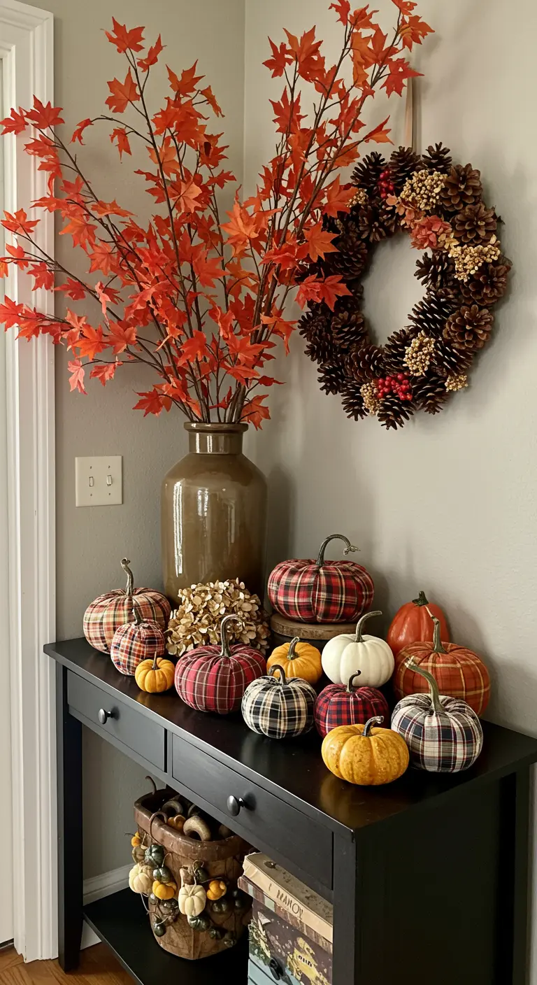 Consola de entrada decorada para el otoño con calabazas de tela a cuadros y una corona de piñas.