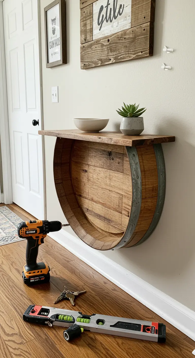 Medio barril de madera montado en la pared como una consola flotante con herramientas en el suelo