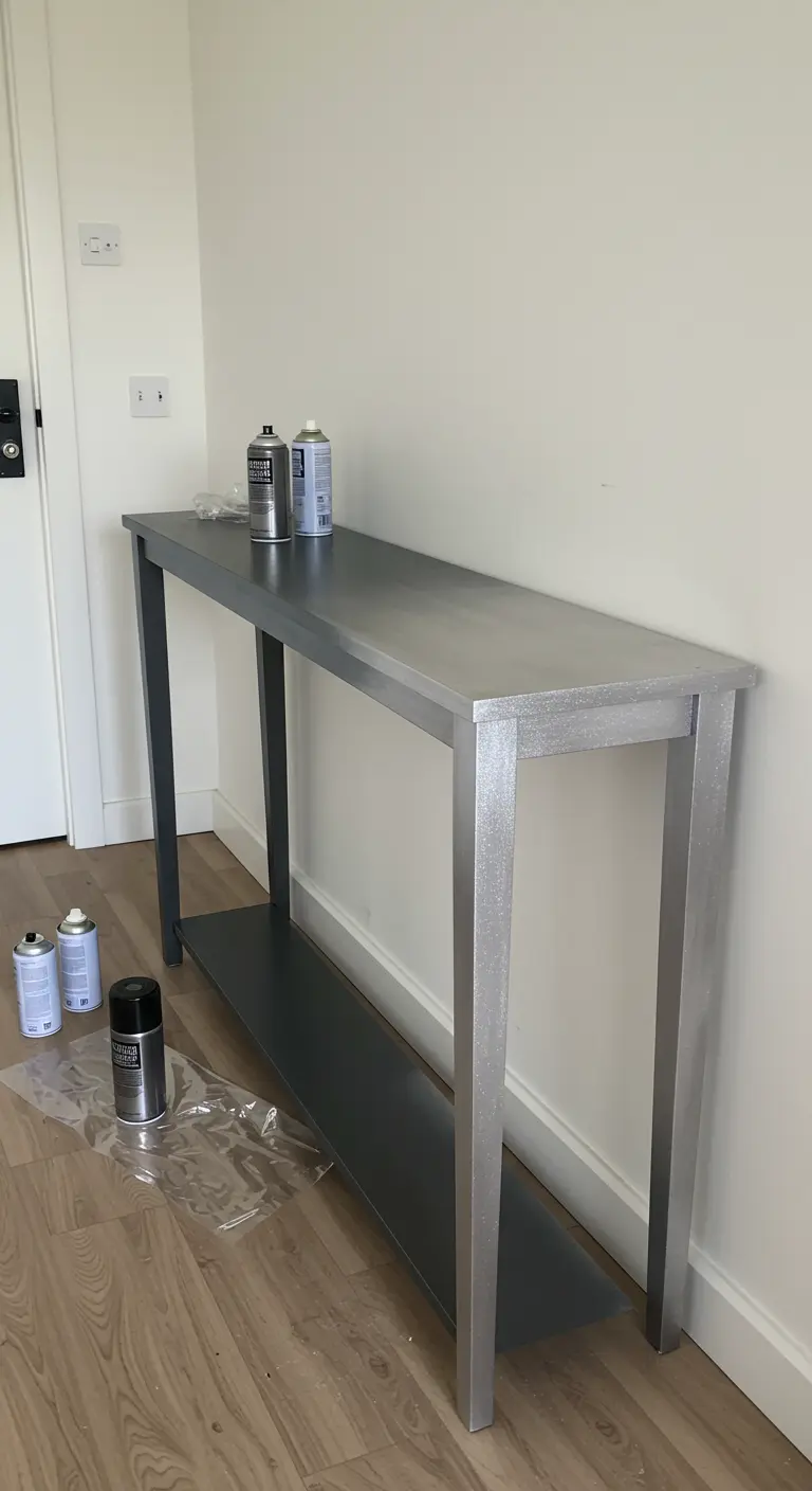 Mesa consola delgada pintada con un degradado de negro a plateado brillante.