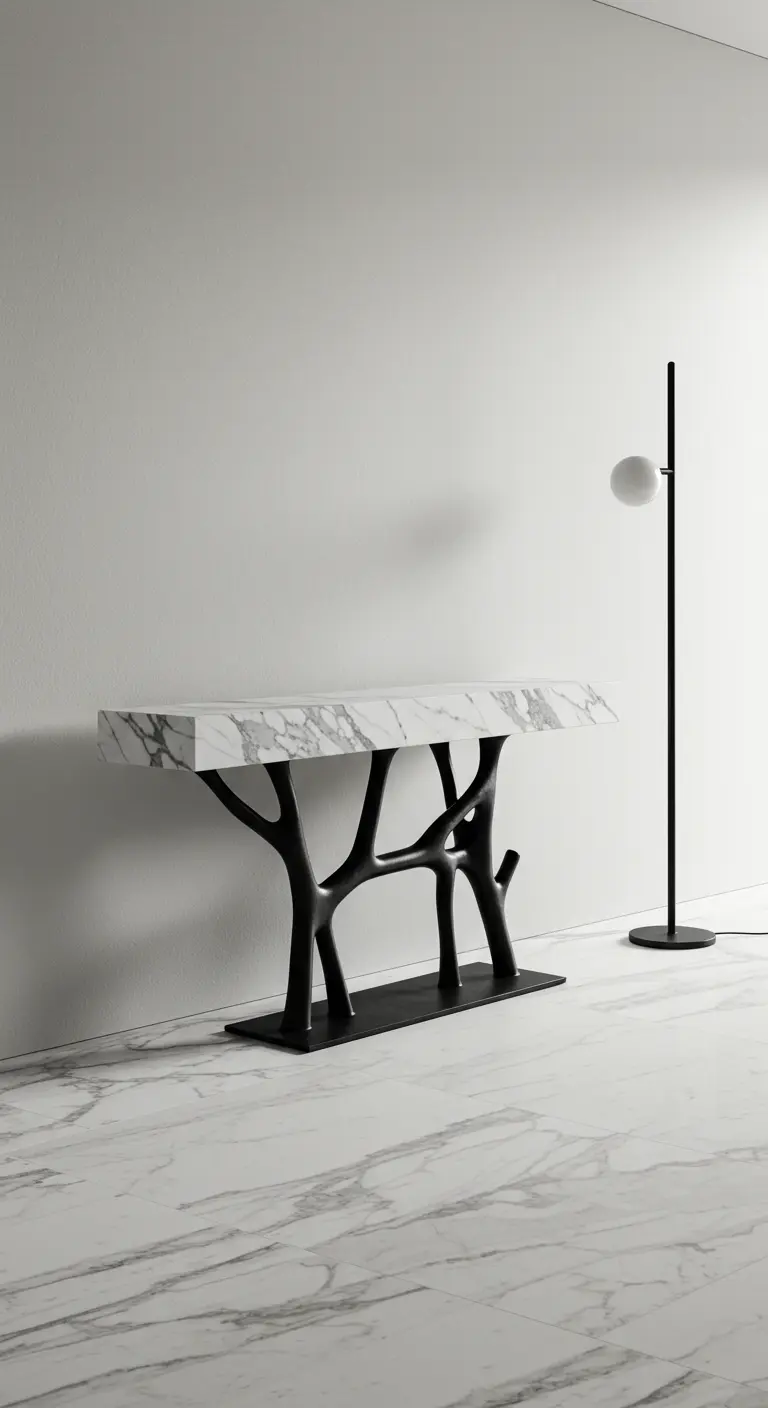 Consola con sobre de mármol y base negra escultural que imita ramas de árbol.