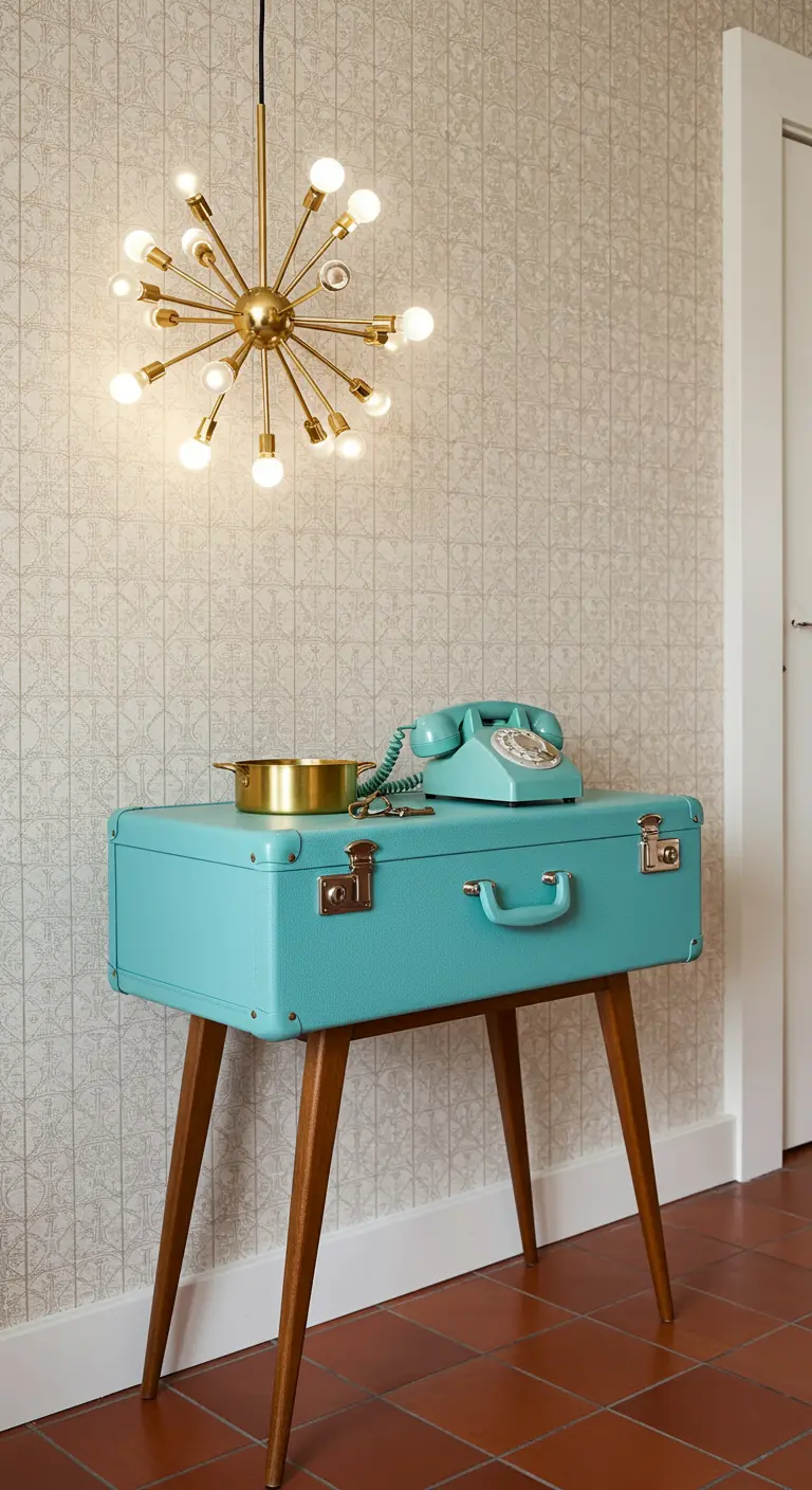 Maleta turquesa con patas de madera usada como mesa consola con un teléfono retro encima.