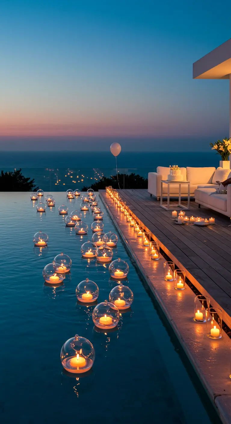 Piscina al atardecer llena de velas flotantes en esferas de cristal y sofás blancos al fondo.