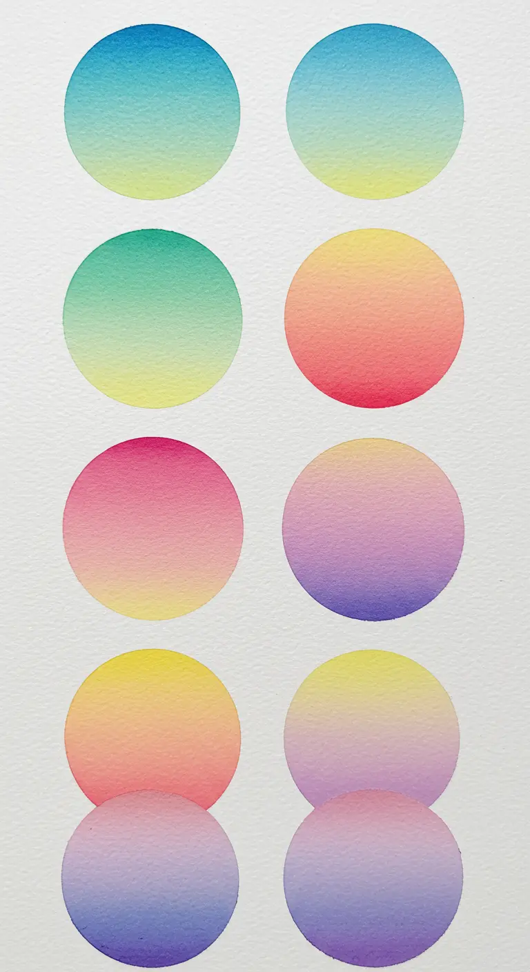 Hoja de papel con múltiples círculos pintados con acuarela, cada uno con un degradado de dos colores.