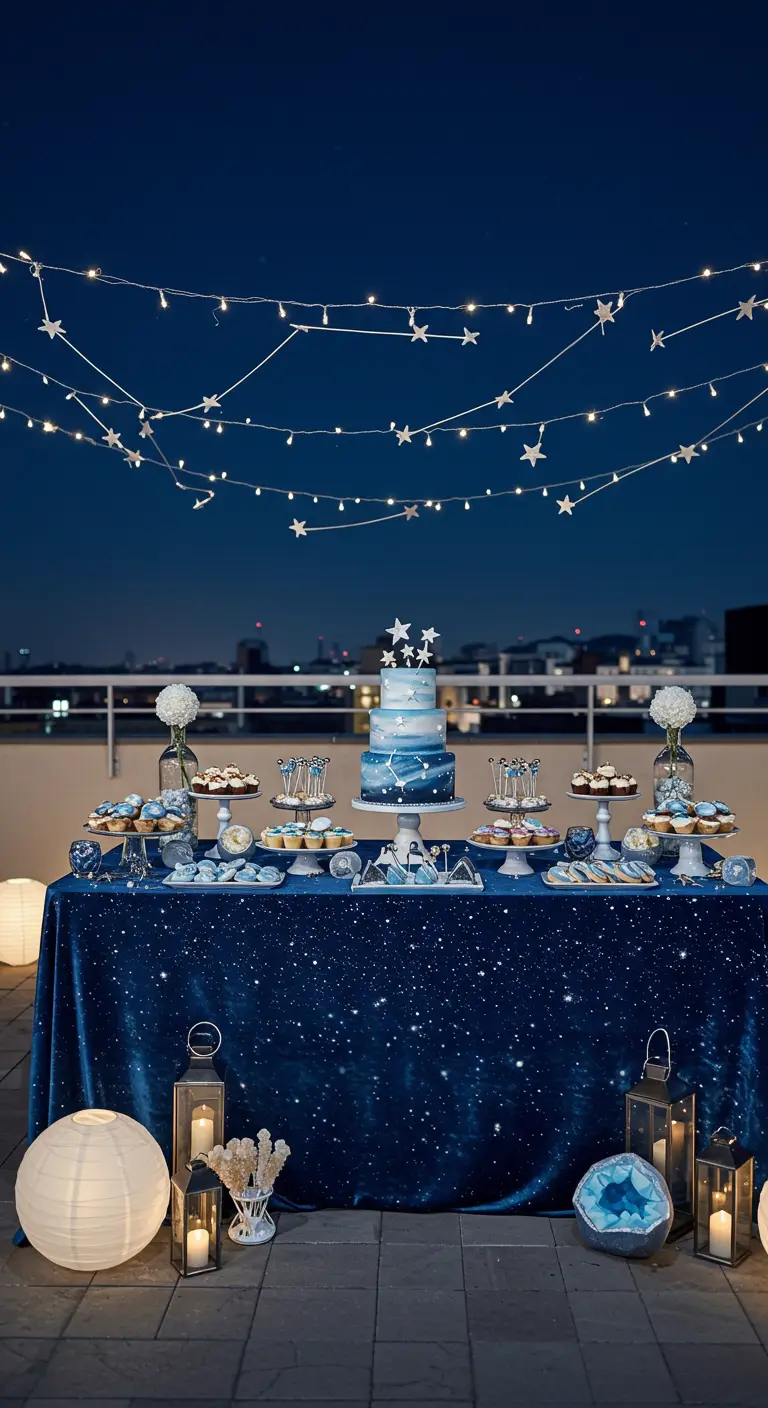 Mesa de dulces azul con temática de estrellas en una azotea, bajo una guirnalda de luces estelares.