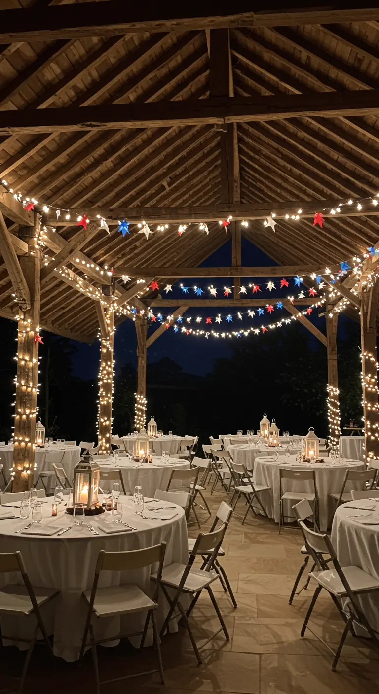 Pérgola de madera iluminada por la noche con guirnaldas de luces y estrellas de papel rojas, blancas y azules.