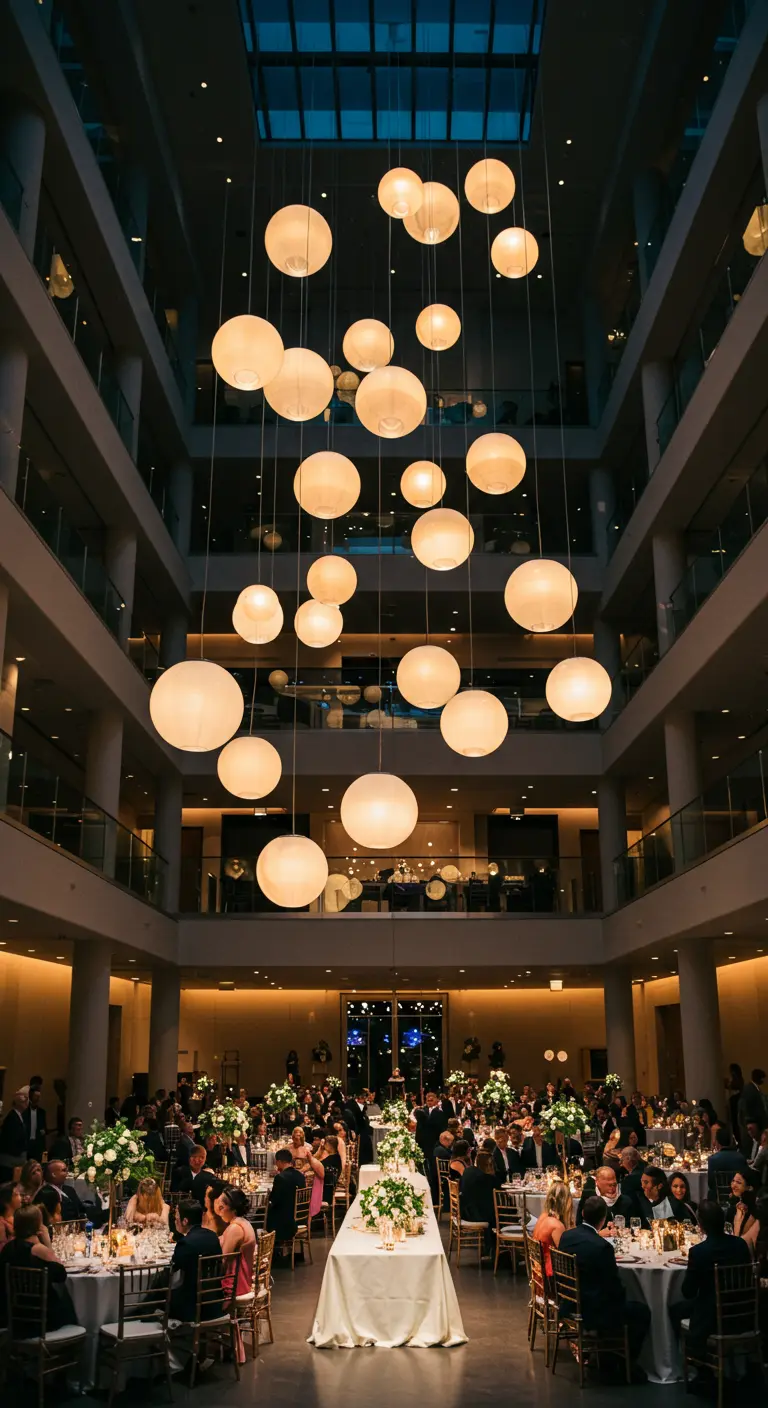Recepción de boda en un atrio moderno con docenas de lámparas esféricas colgando del techo.