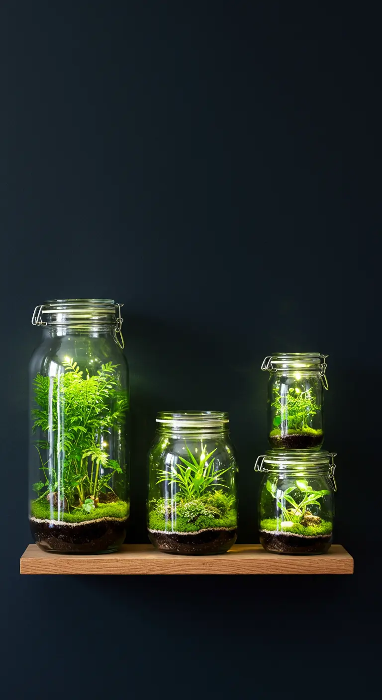 Un conjunto de cuatro terrarios de vidrio de diferentes tamaños con plantas y luces LED en un estante de madera.
