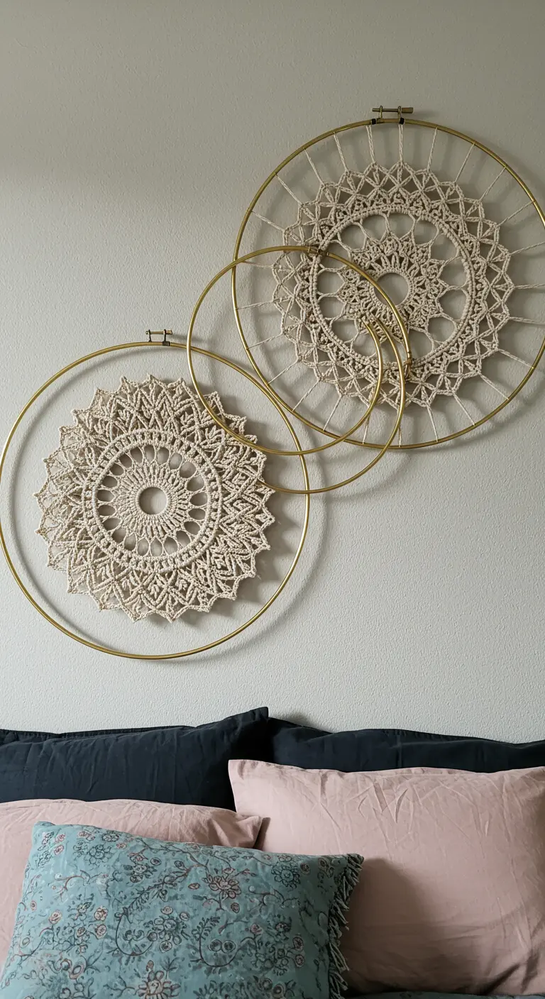 Composición de varios aros dorados con mandalas de macramé tejidos en su interior.