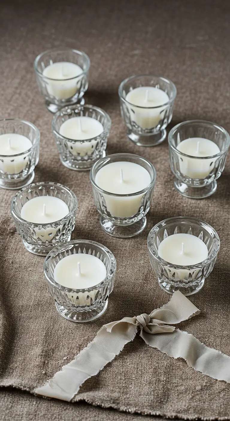 Conjunto de pequeñas velas blancas en recipientes de cristal tallado sobre una tela de lino