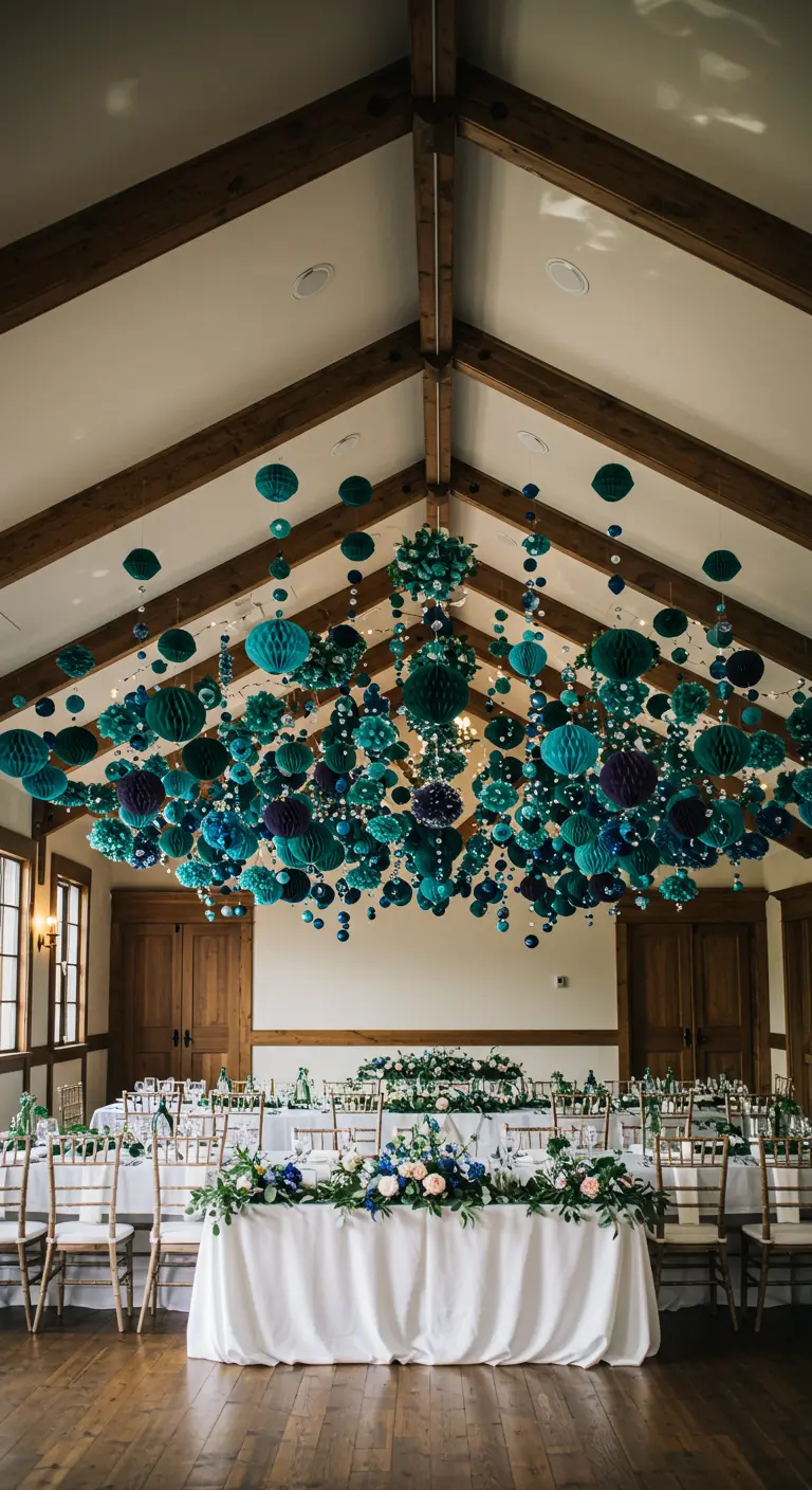 Techo de un salón con vigas de madera decorado con cientos de bolas de nido de abeja en tonos azules.