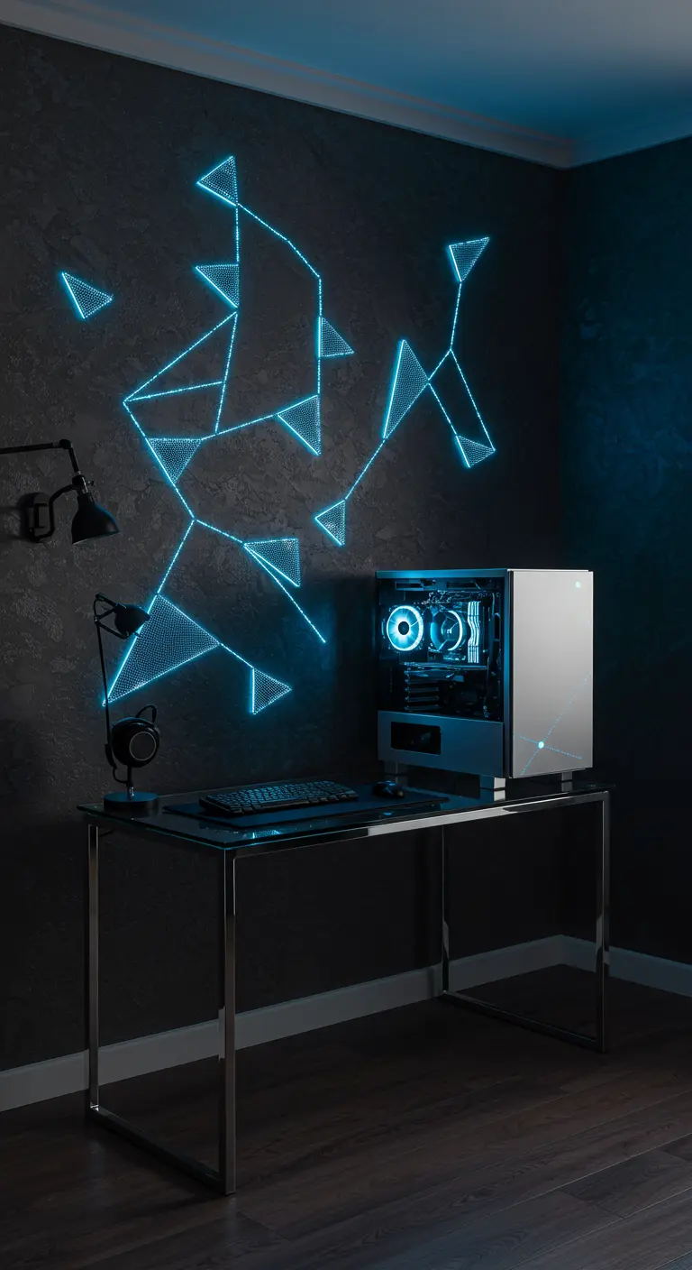 Oficina minimalista con un diseño geométrico de luces LED azules en una pared oscura.