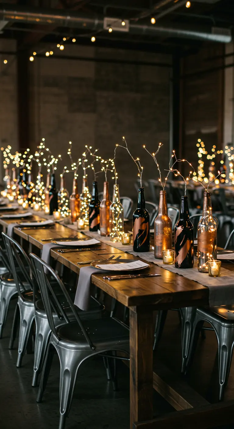 Mesa de comedor industrial con botellas oscuras, detalles en cobre y luces LED en su interior.