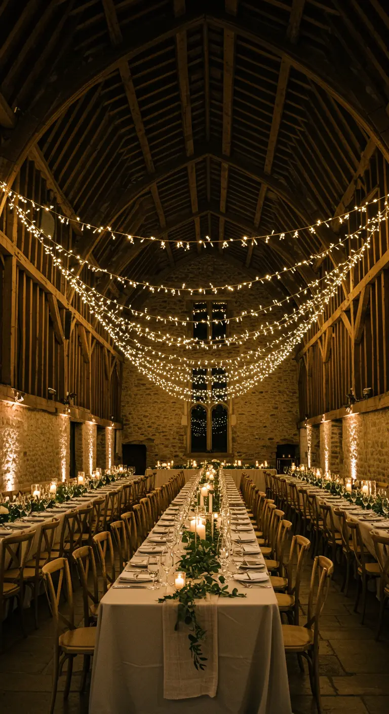Salón de banquetes rústico con vigas de madera y techo cubierto de luces de hadas.